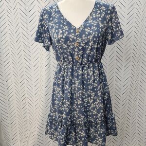 SHEIN Blue Floral V-Neck Mini Dress